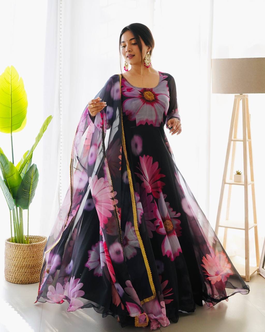 Enchanting Black Organza Silk Floral Printed Stitched Gown With Dupatta - Ethnicwish