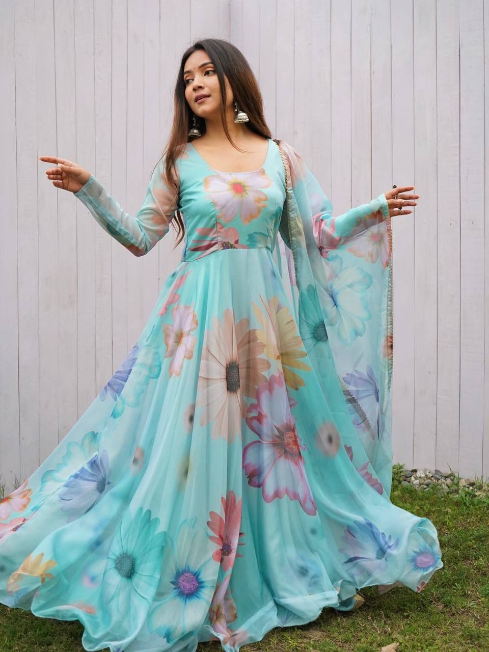 Radiant Sky Blue Organza Silk Floral Printed Stitched Gown With Dupatta - Ethnicwish