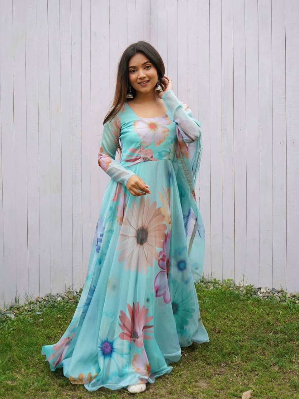Radiant Sky Blue Organza Silk Floral Printed Stitched Gown With Dupatta - Ethnicwish