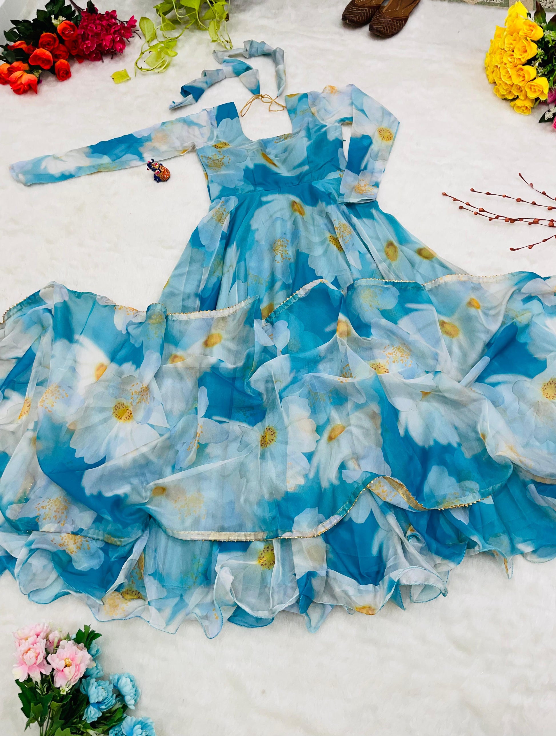 Classy Sky Blue Organza Silk Floral Printed Stitched Gown With Dupatta - Ethnicwish