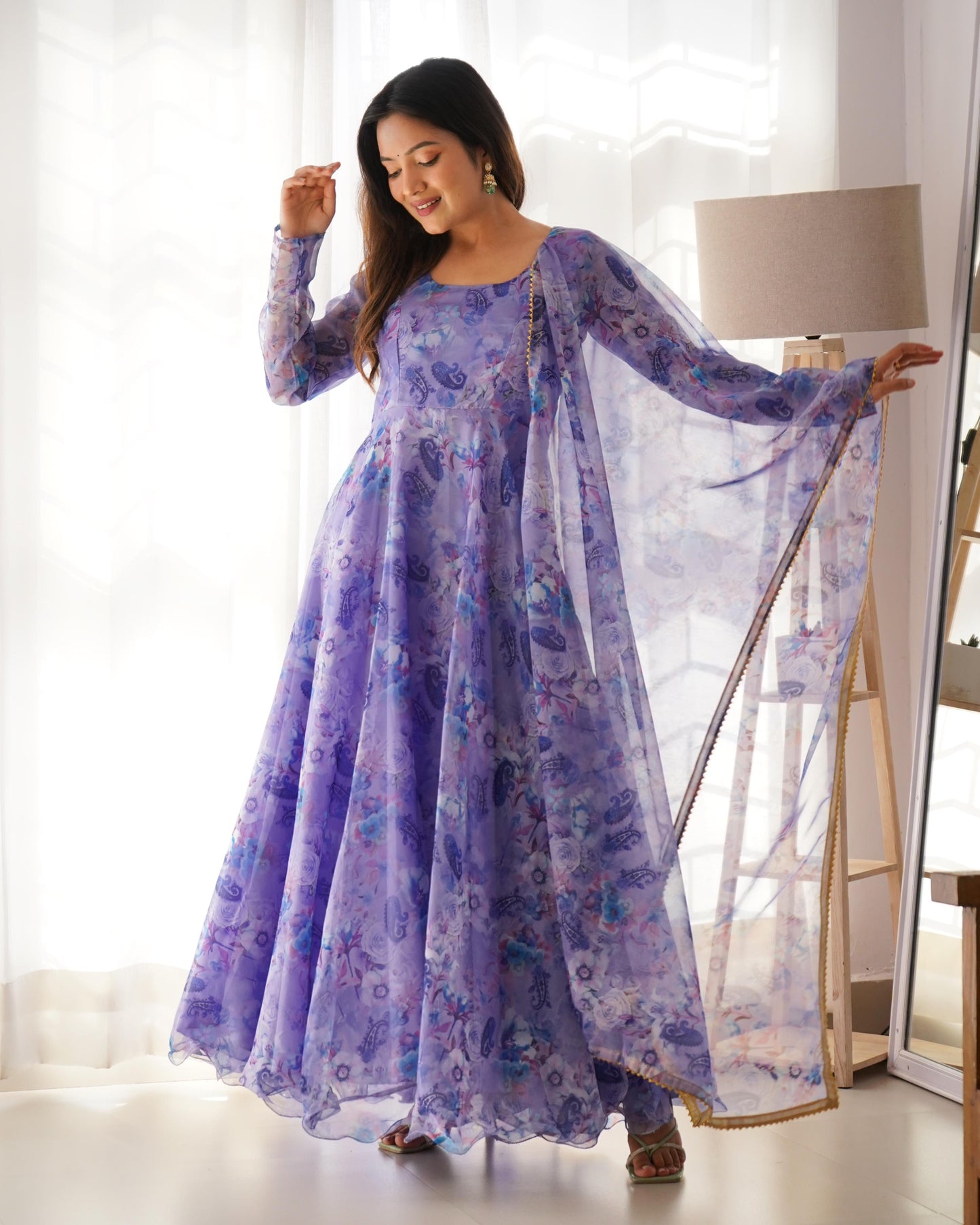 Spectacular Festive Wear Organza Sik Floral Digital Printed Gown - Ethnicwish