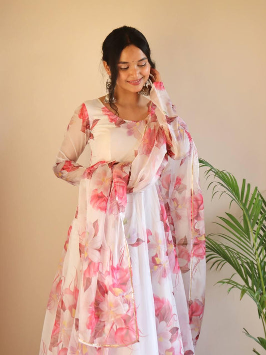 Breathtaking White Floral Digital Printed Organza Silk Anarkali Pant Suit - Ethnicwish