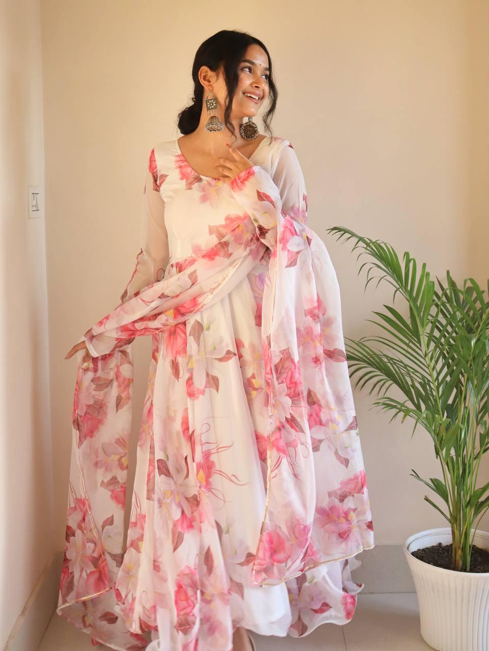 Breathtaking White Floral Digital Printed Organza Silk Anarkali Pant Suit - Ethnicwish