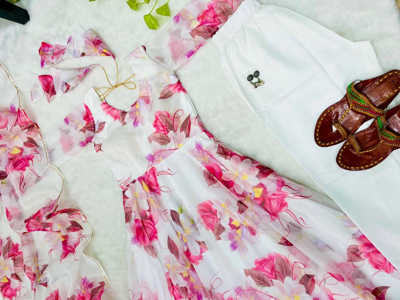Breathtaking White Floral Digital Printed Organza Silk Anarkali Pant Suit - Ethnicwish