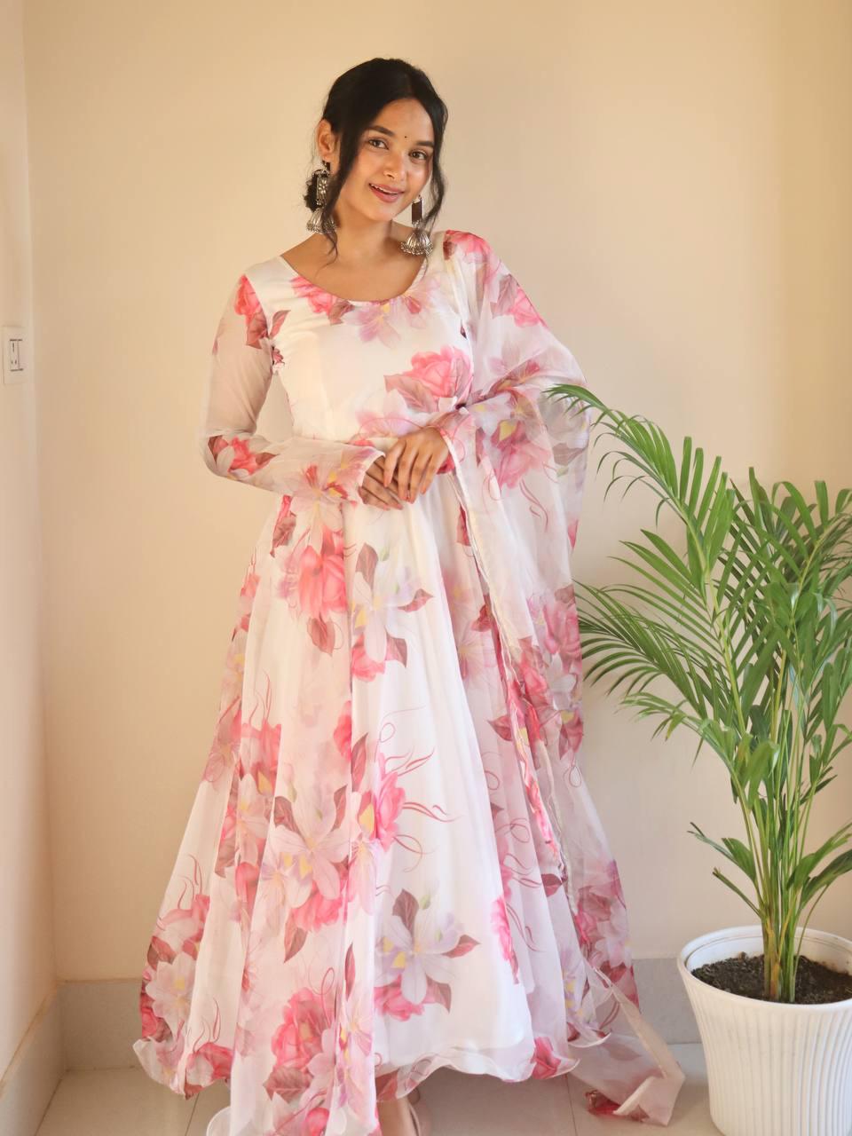 Breathtaking White Floral Digital Printed Organza Silk Anarkali Pant Suit - Ethnicwish
