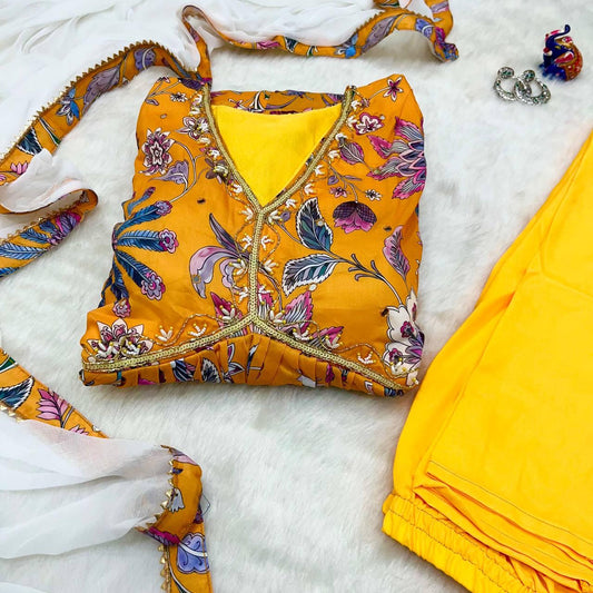 Radiant Yellow Soft Cotton Printed Handworked Anarkali Pant Suit - Ethnicwish