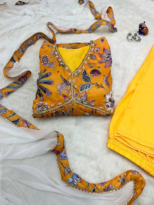 Radiant Yellow Soft Cotton Printed Handworked Anarkali Pant Suit - Ethnicwish