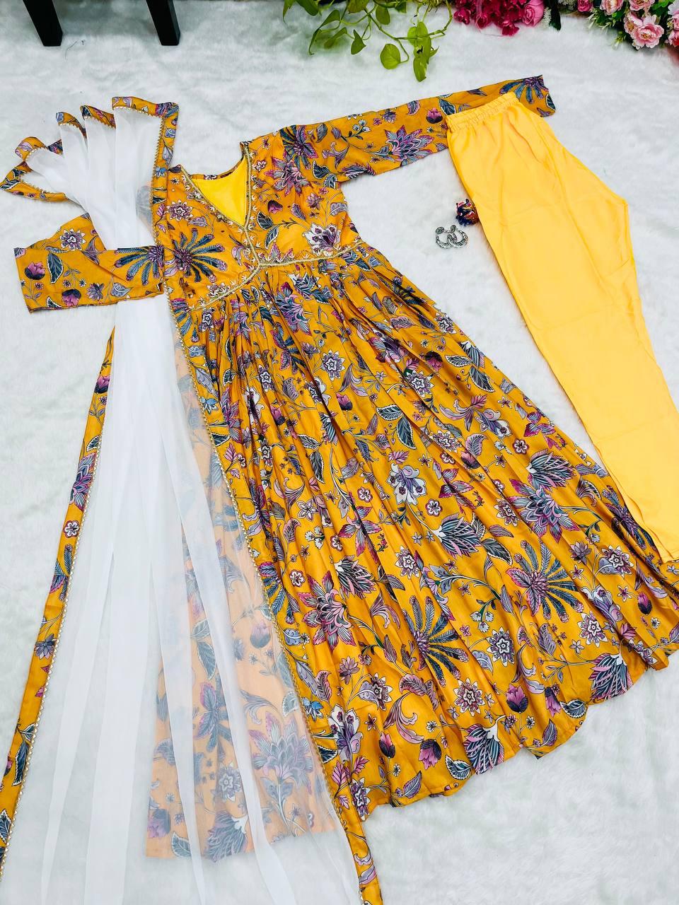 Radiant Yellow Soft Cotton Printed Handworked Anarkali Pant Suit - Ethnicwish
