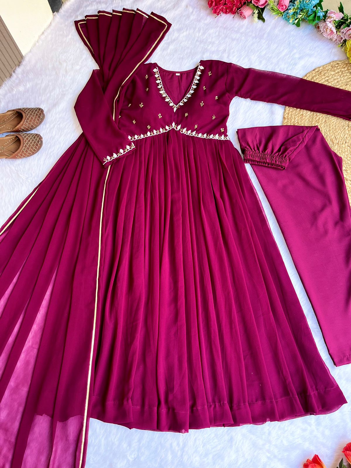 Exquisite Faux Georgette Festive Wear Handworked Suit - Ethnicwish