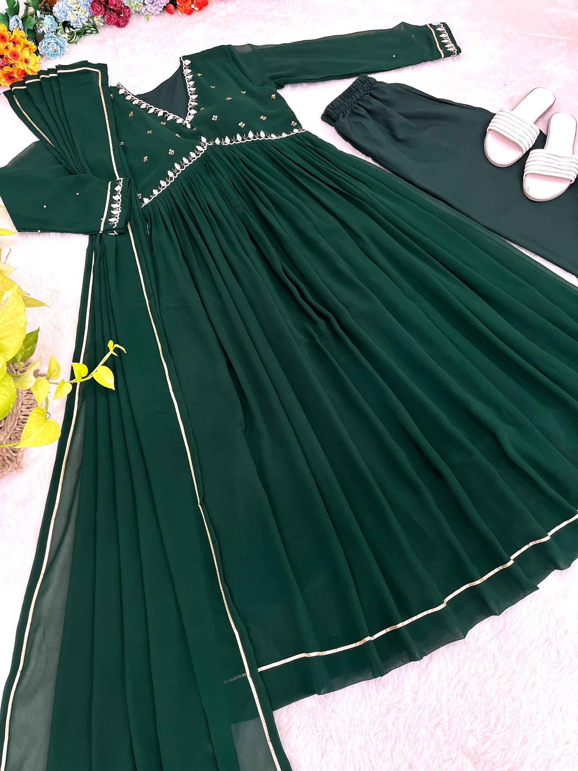 Exquisite Faux Georgette Festive Wear Handworked Suit - Ethnicwish