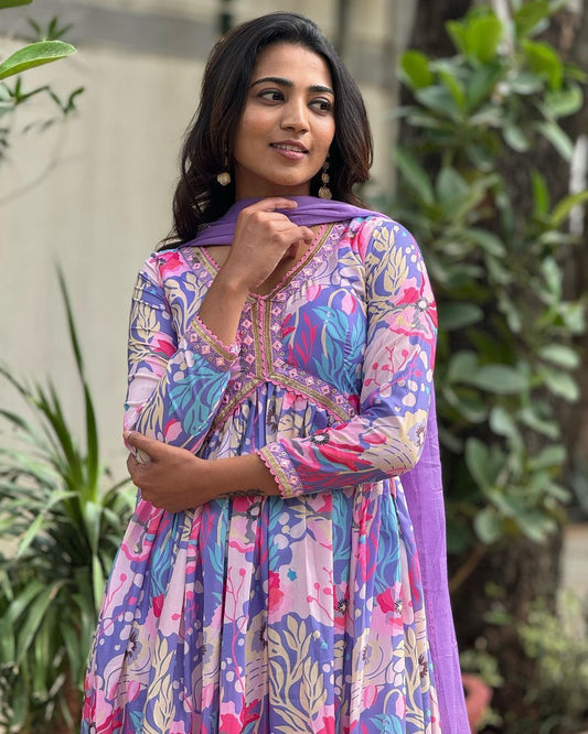 Spectacular Soft Cotton Printed Handworked Anarkali Pant Suit - Ethnicwish