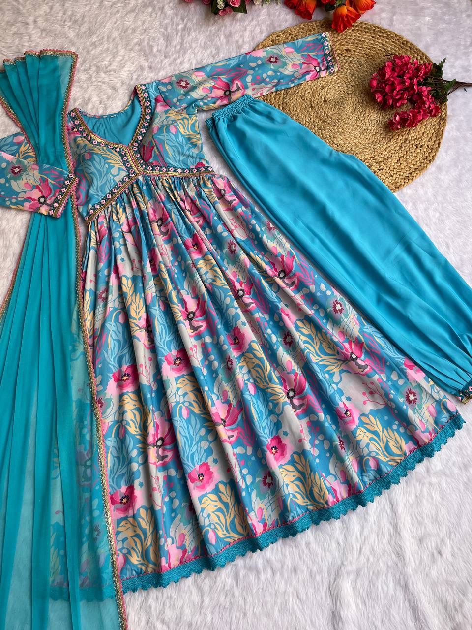 Spectacular Soft Cotton Printed Handworked Anarkali Pant Suit - Ethnicwish