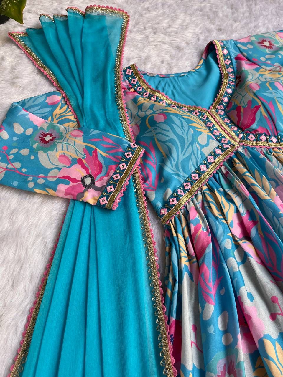 Spectacular Soft Cotton Printed Handworked Anarkali Pant Suit - Ethnicwish