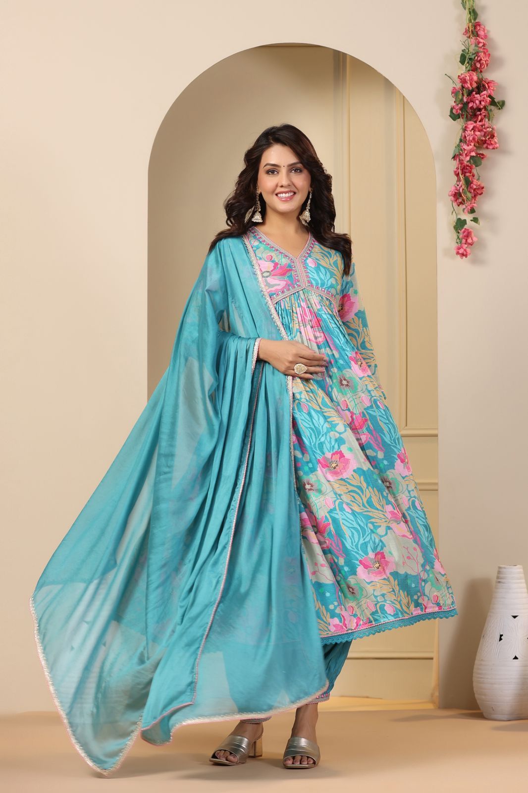 Spectacular Soft Cotton Printed Handworked Anarkali Pant Suit - Ethnicwish