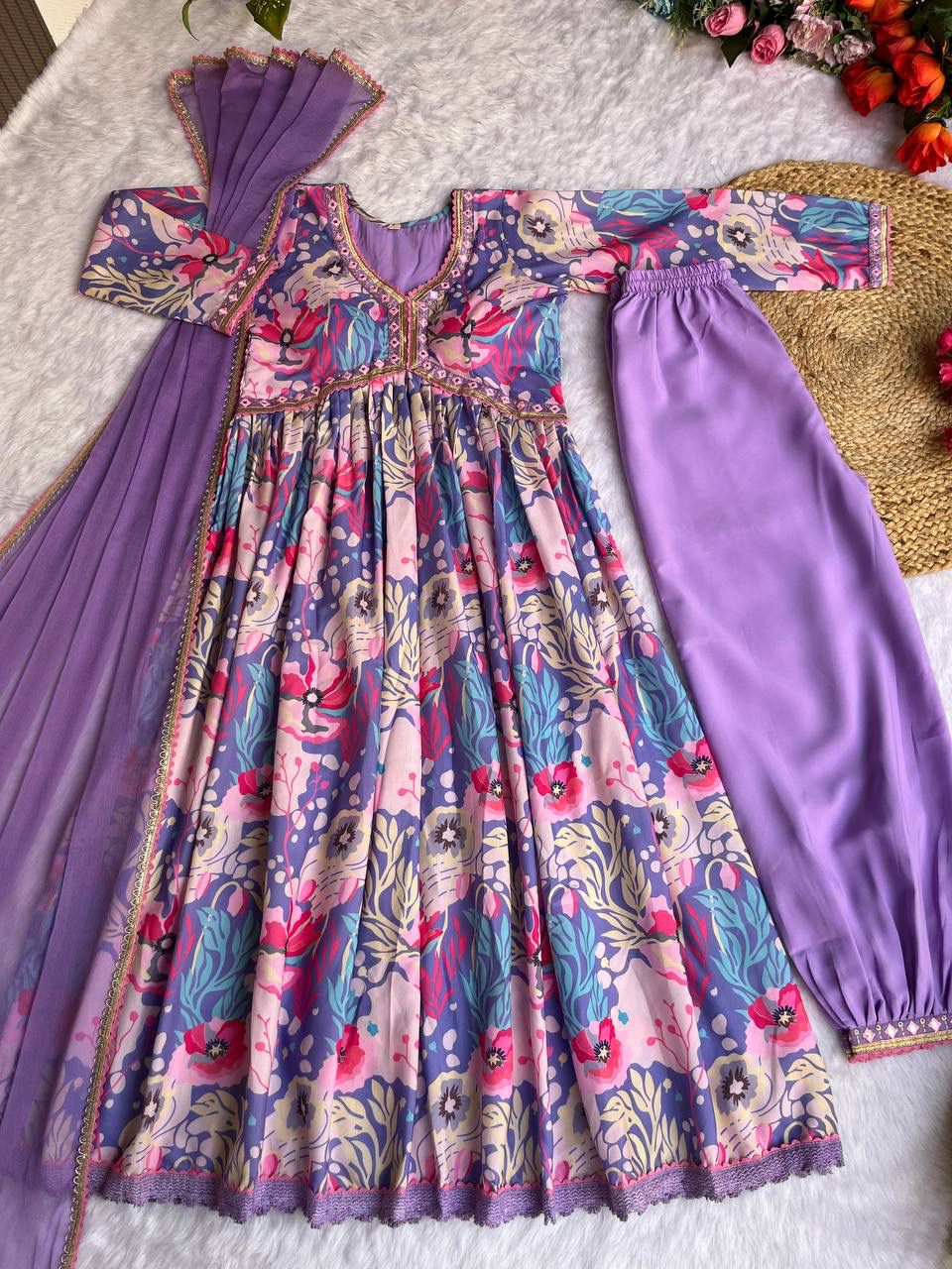 Spectacular Soft Cotton Printed Handworked Anarkali Pant Suit - Ethnicwish