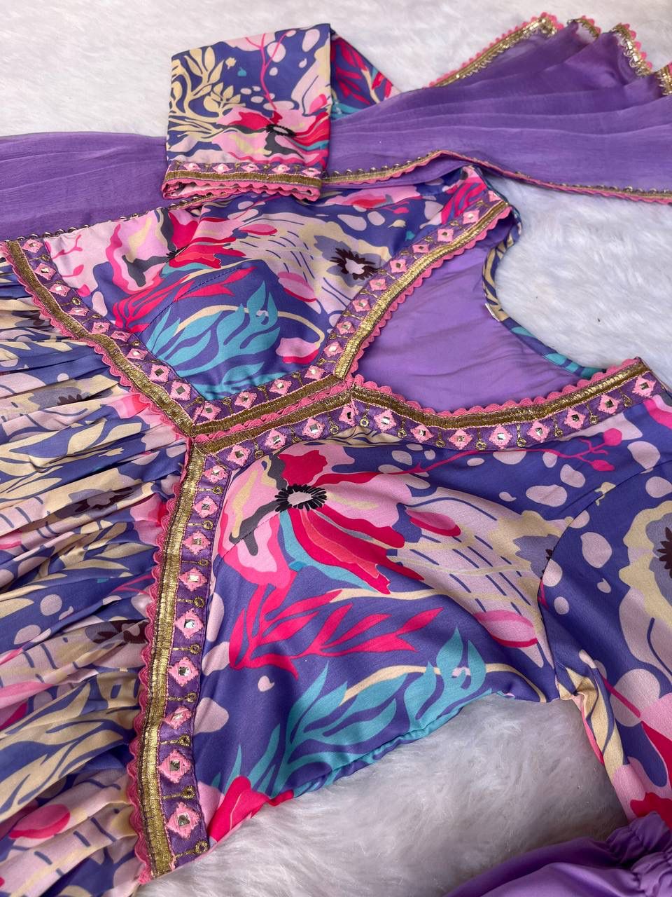 Spectacular Soft Cotton Printed Handworked Anarkali Pant Suit - Ethnicwish