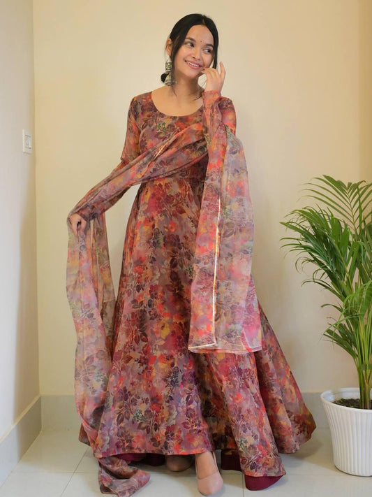 Luminous Brown Floral Digital Printed Organza Silk Anarkali Pant Suit - Ethnicwish