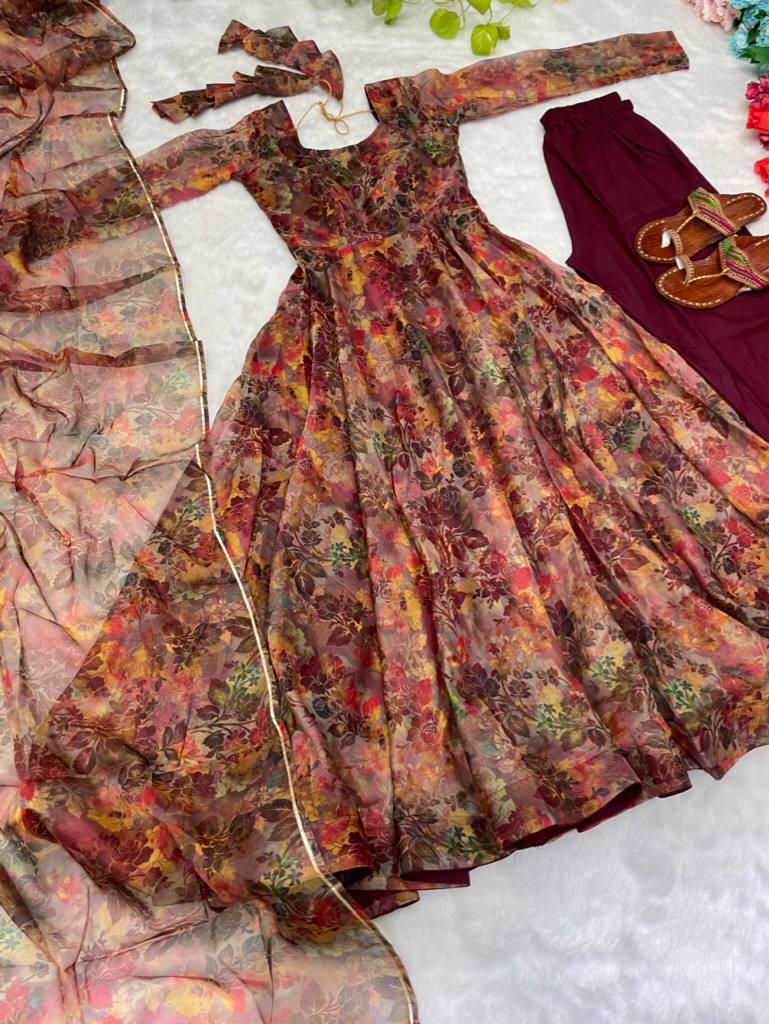 Luminous Brown Floral Digital Printed Organza Silk Anarkali Pant Suit - Ethnicwish
