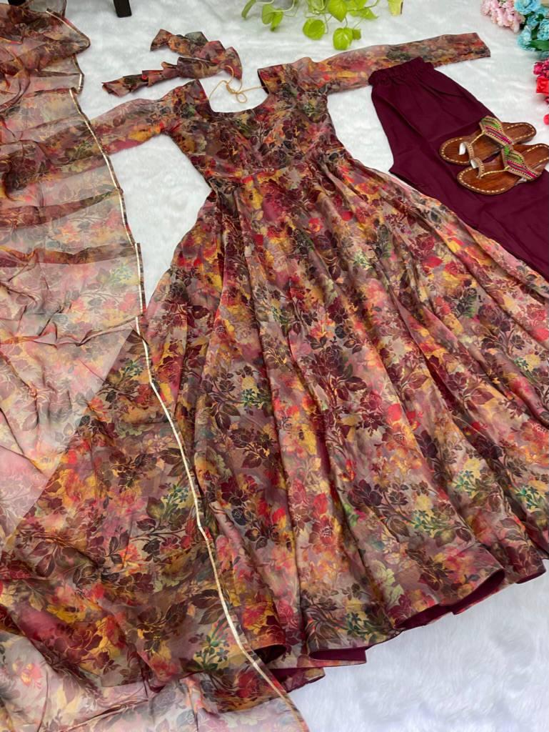 Luminous Brown Floral Digital Printed Organza Silk Anarkali Pant Suit - Ethnicwish
