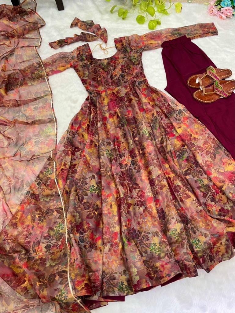 Luminous Brown Floral Digital Printed Organza Silk Anarkali Pant Suit - Ethnicwish