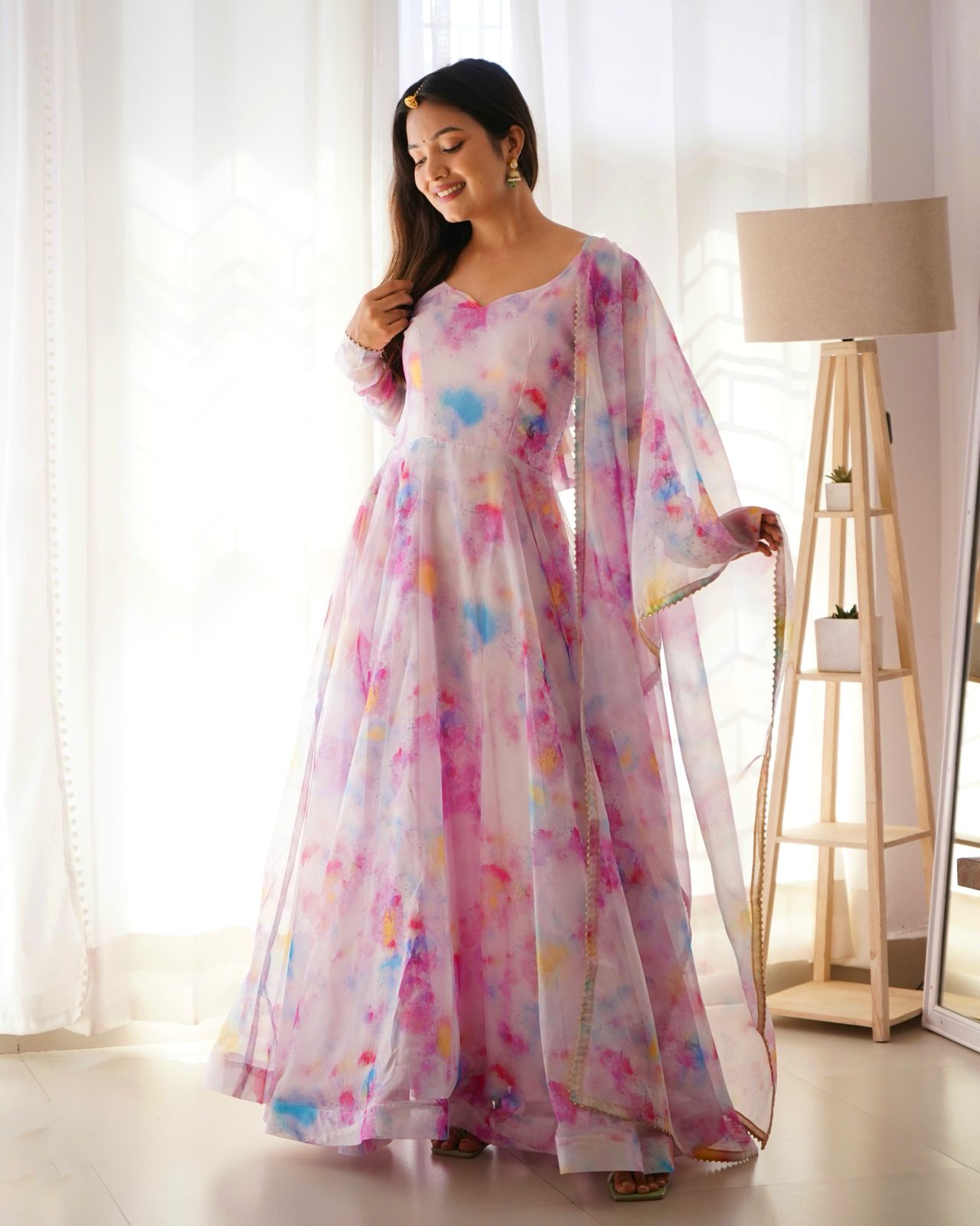 Stylish Pink Organza Silk Floral Digital Printed Gown With Dupatta - Ethnicwish