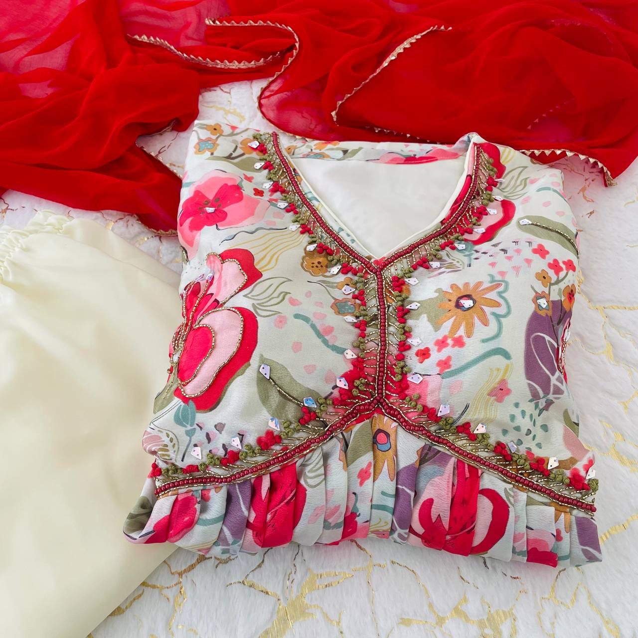 Graceful Soft Chinon Floral Printed Handworked Festive Wear Suit - Ethnicwish