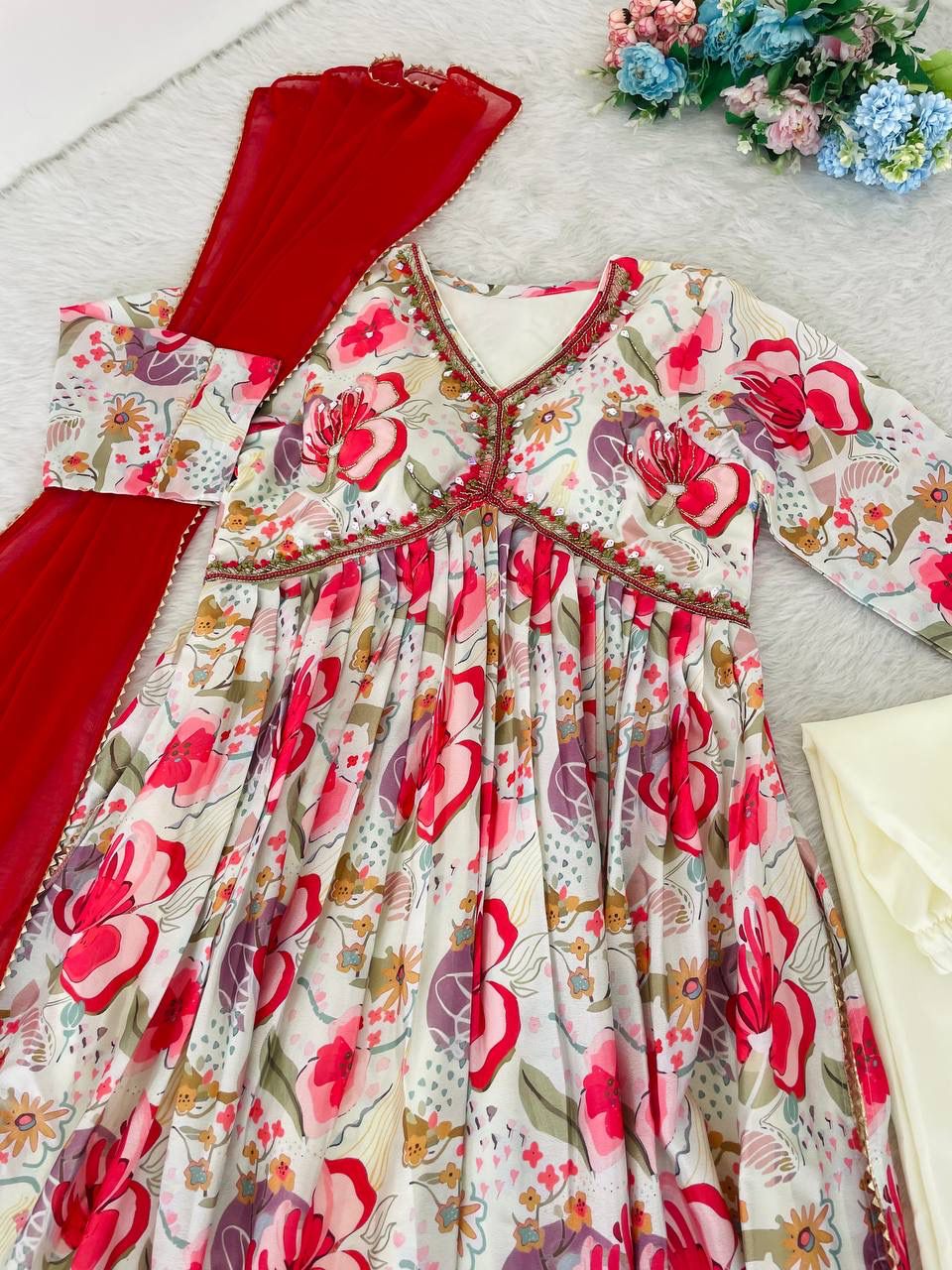 Graceful Soft Chinon Floral Printed Handworked Festive Wear Suit - Ethnicwish