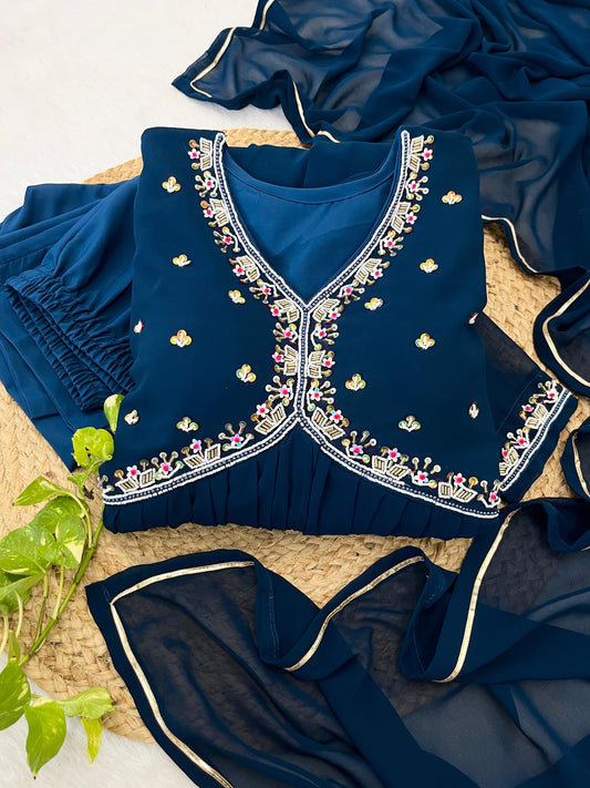 Graceful Navy Blue Faux Georgette Handworked Anarkali Pant Suit - Ethnicwish