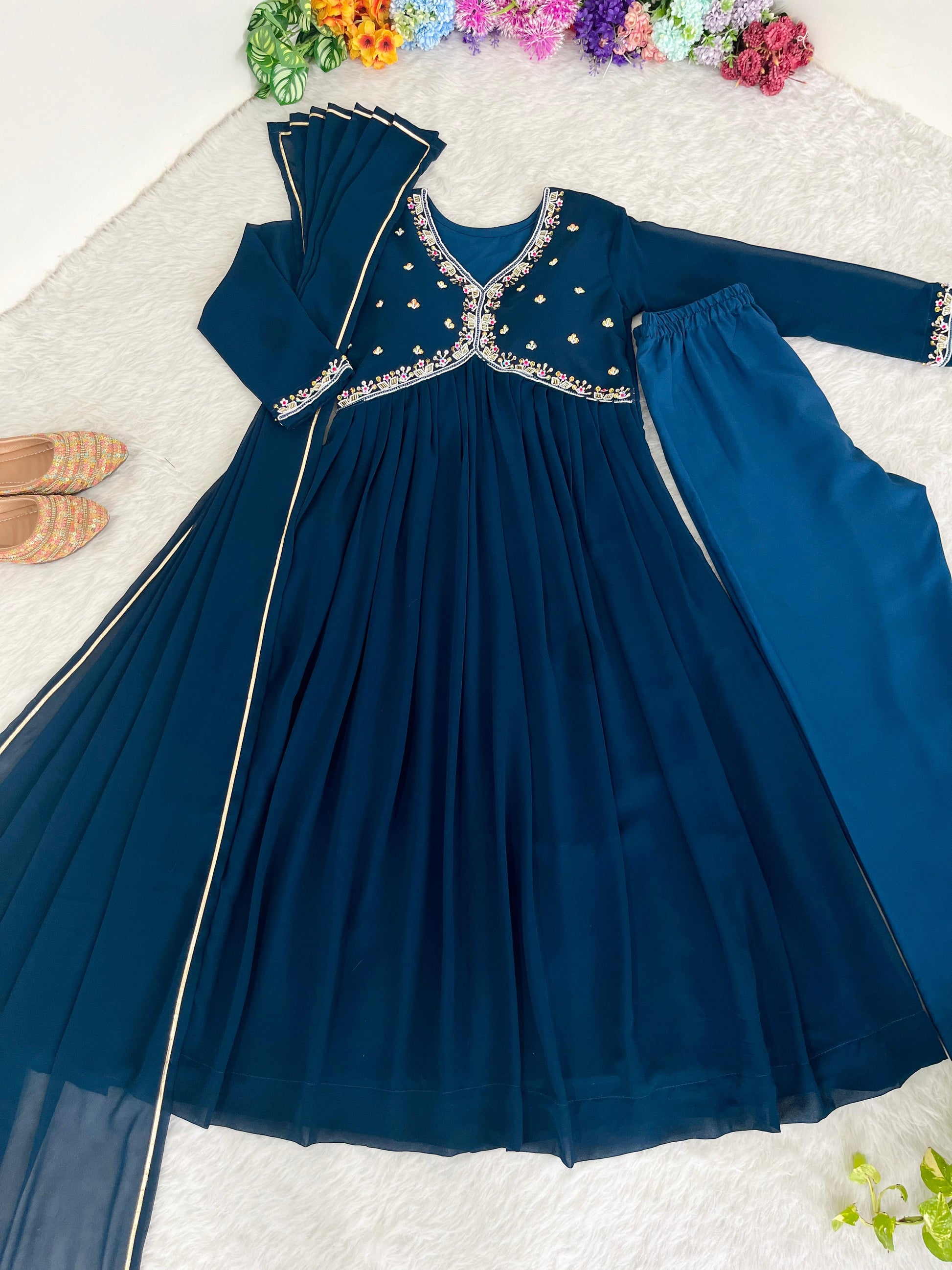 Graceful Navy Blue Faux Georgette Handworked Anarkali Pant Suit - Ethnicwish