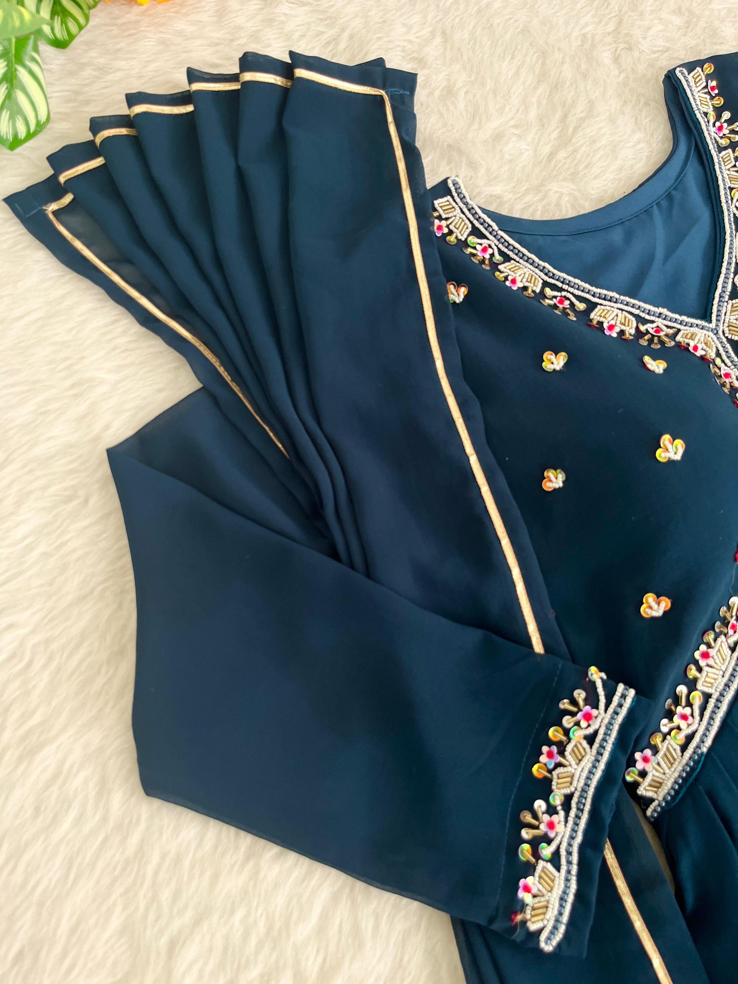 Graceful Navy Blue Faux Georgette Handworked Anarkali Pant Suit - Ethnicwish