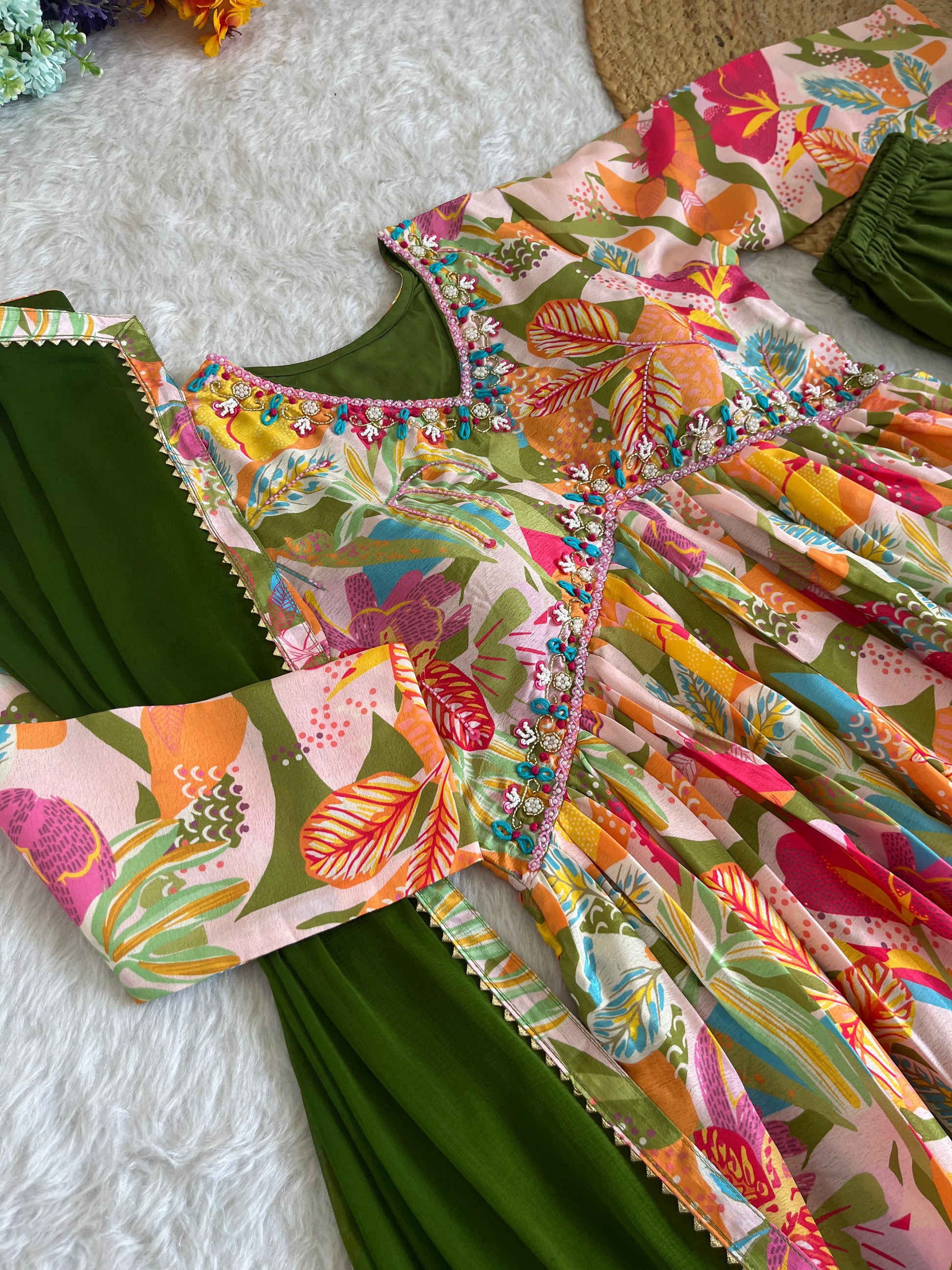 Magnificent Green Soft Chinon Floral Printed Handworked Festive Wear Anarkali Pant Suit - Ethnicwish
