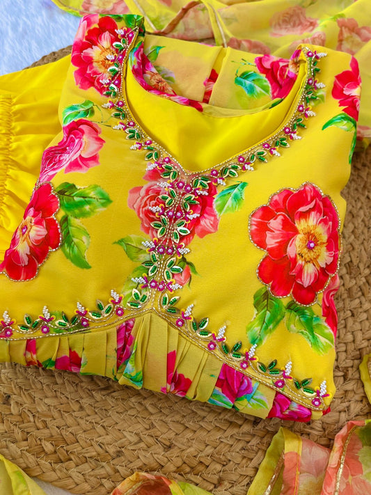 Spellbinding Yellow Faux Georgette Floral Handworked Anarkali Pant Suit - Ethnicwish