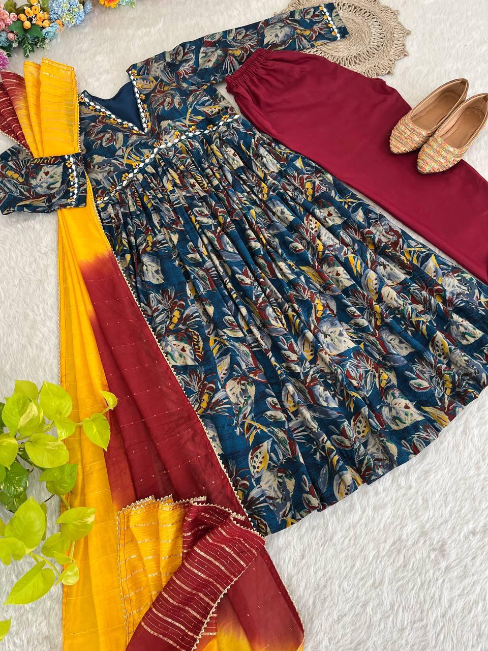 Stunning Pure Viscous Chanderi Handworked Anarkali Pant Suit - Ethnicwish