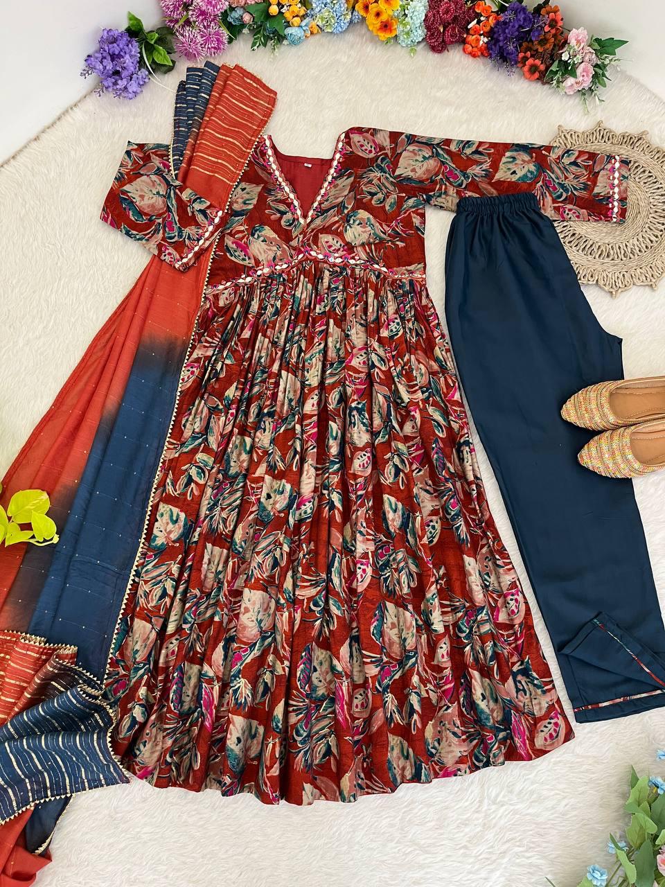 Stunning Pure Viscous Chanderi Handworked Anarkali Pant Suit - Ethnicwish