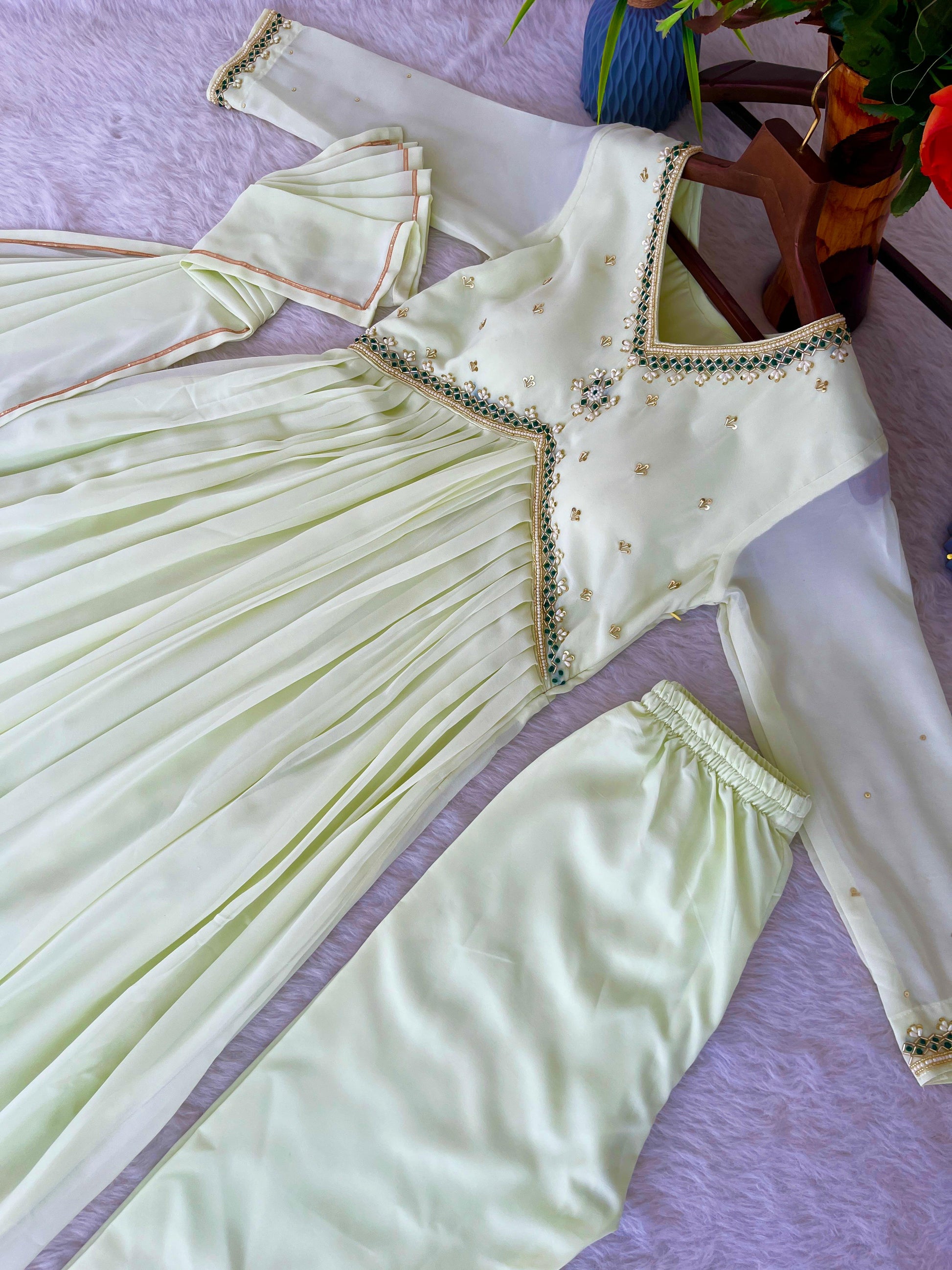 Stunning Off White Faux Georgette Handworked Anarkali Pant Suit - Ethnicwish