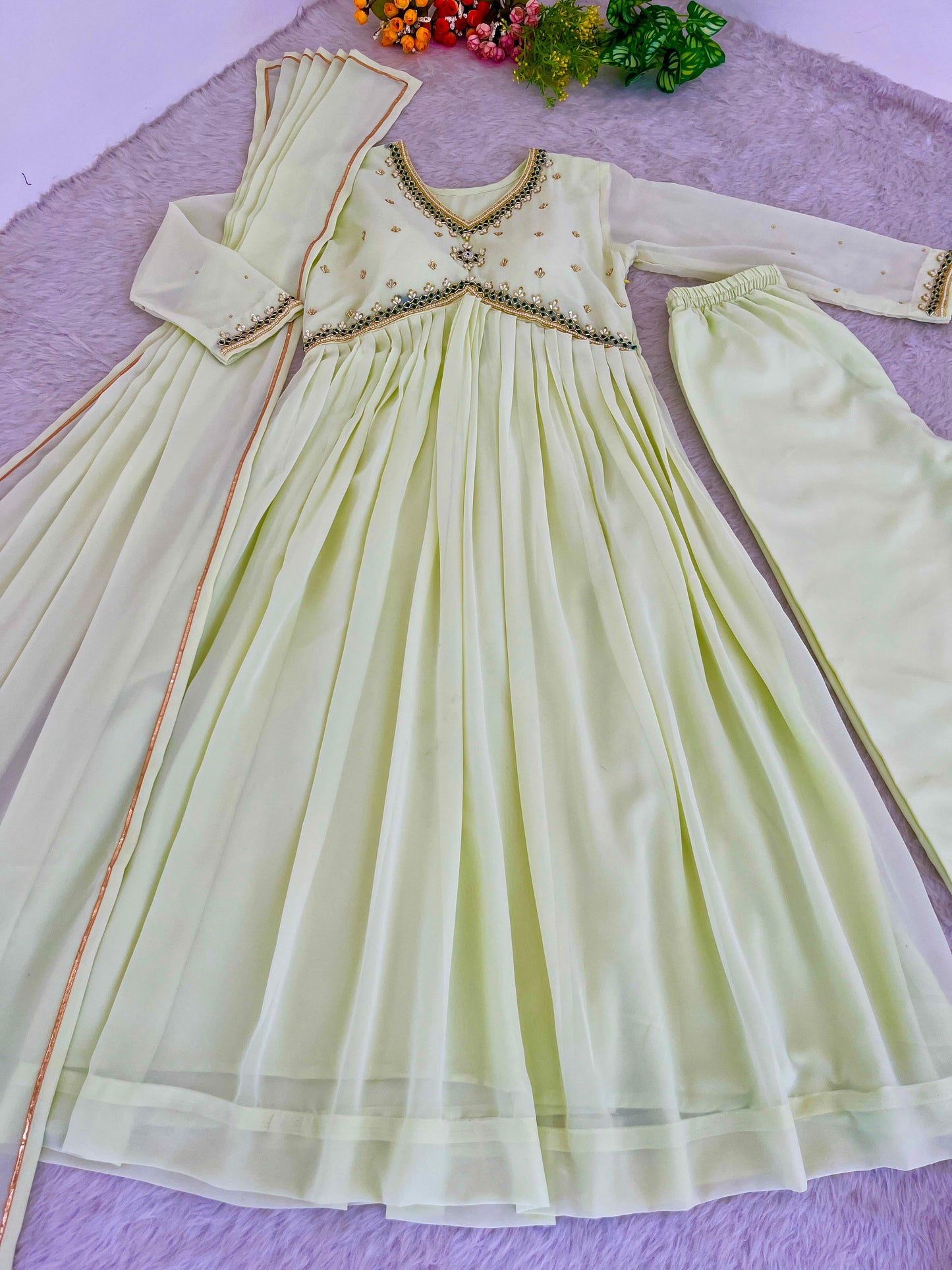 Stunning Off White Faux Georgette Handworked Anarkali Pant Suit - Ethnicwish