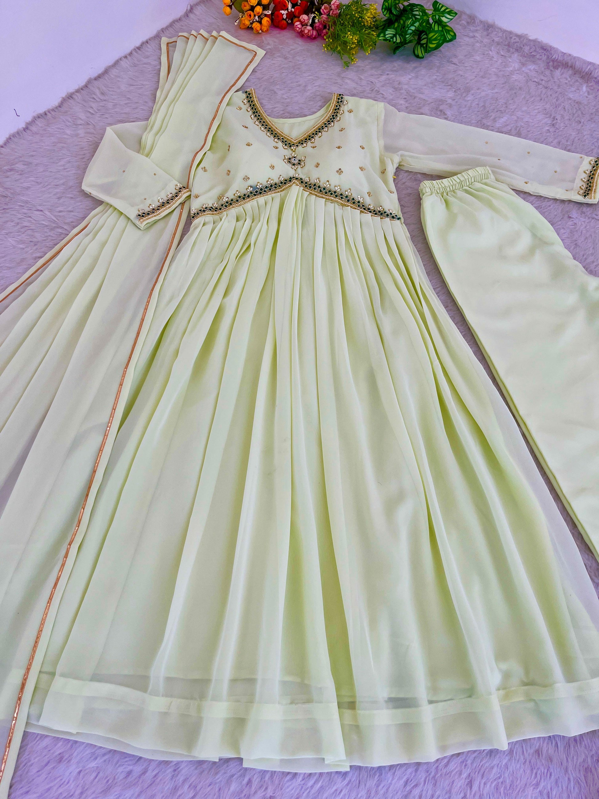 Stunning Off White Faux Georgette Handworked Anarkali Pant Suit - Ethnicwish