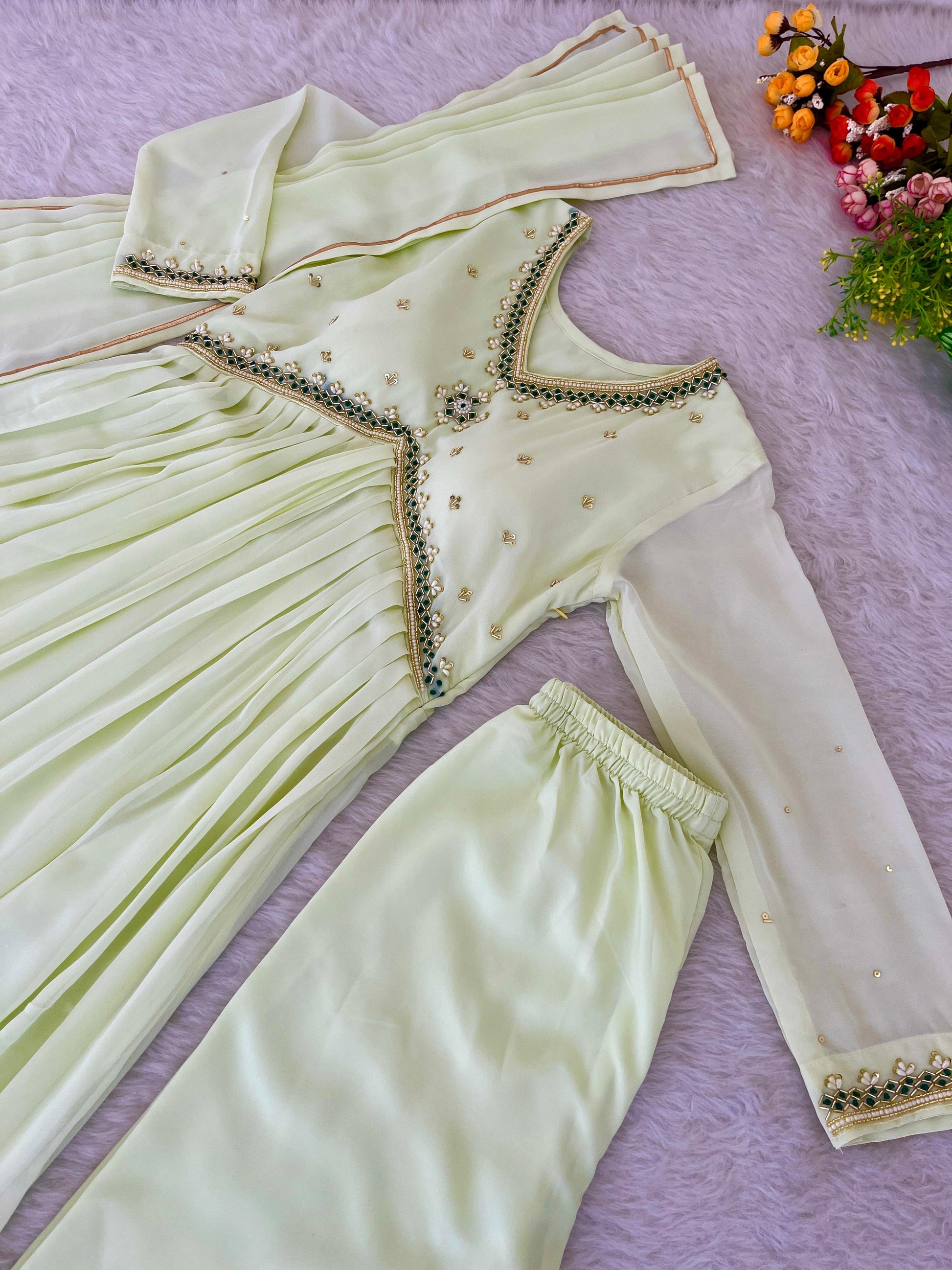 Stunning Off White Faux Georgette Handworked Anarkali Pant Suit - Ethnicwish
