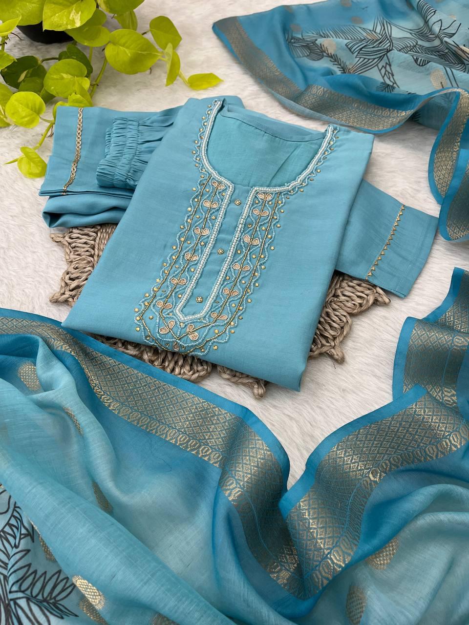 Bewitching Roman Silk Handworked Designer Anarkali Pant Suit - Ethnicwish
