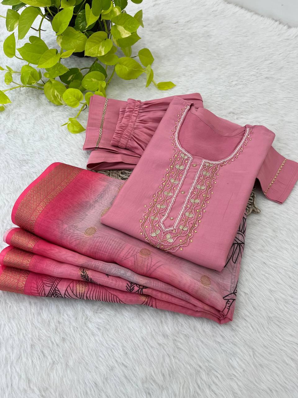 Bewitching Roman Silk Handworked Designer Anarkali Pant Suit - Ethnicwish