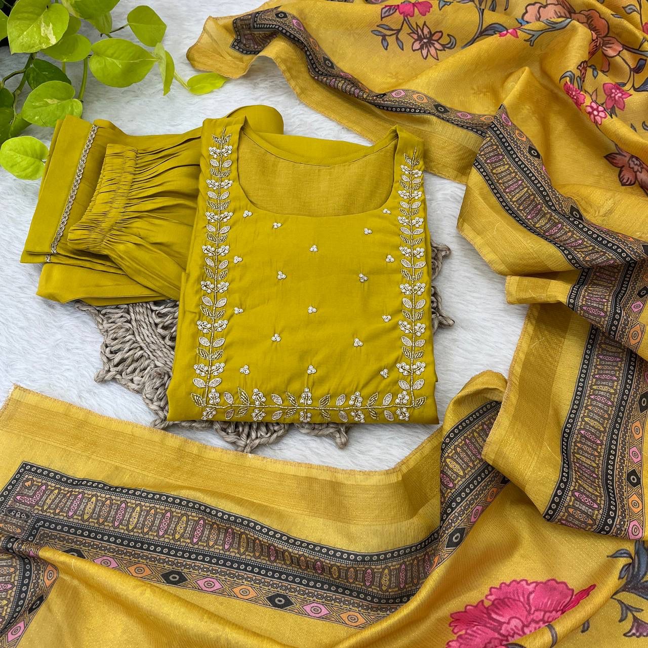 Graceful Roman Silk Handworked Anarkali Pant Suit With Dupatta - Ethnicwish