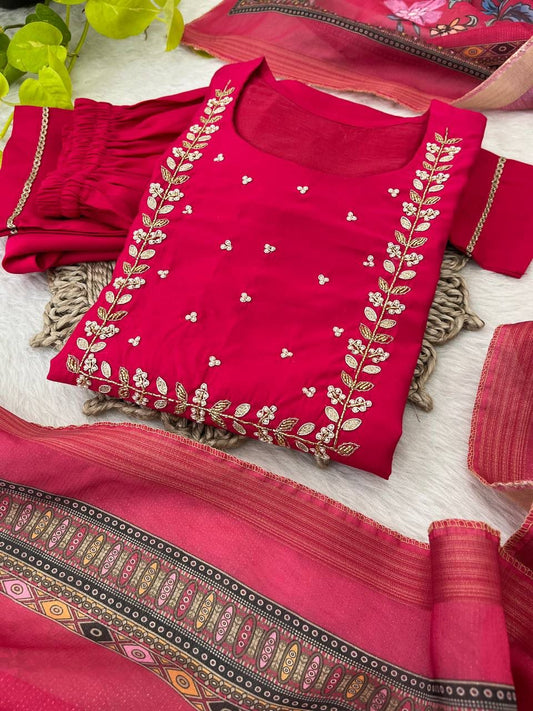 Graceful Roman Silk Handworked Anarkali Pant Suit With Dupatta - Ethnicwish