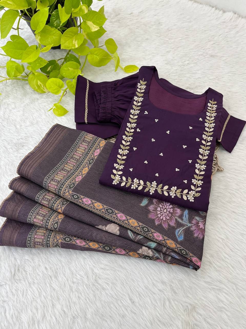 Graceful Roman Silk Handworked Anarkali Pant Suit With Dupatta - Ethnicwish