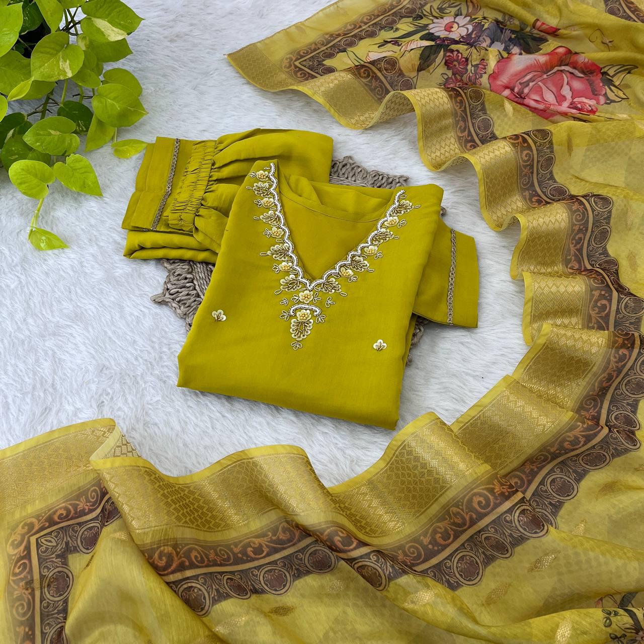 Magnificent Neon Chiffon Handcrafted Anarkali Pant Suit - Ethnicwish