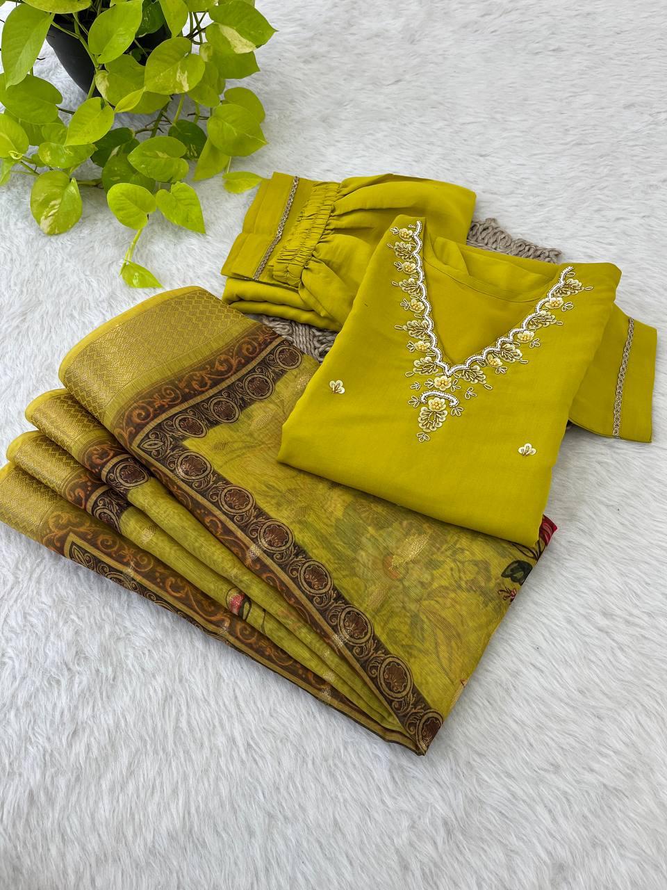 Magnificent Neon Chiffon Handcrafted Anarkali Pant Suit - Ethnicwish