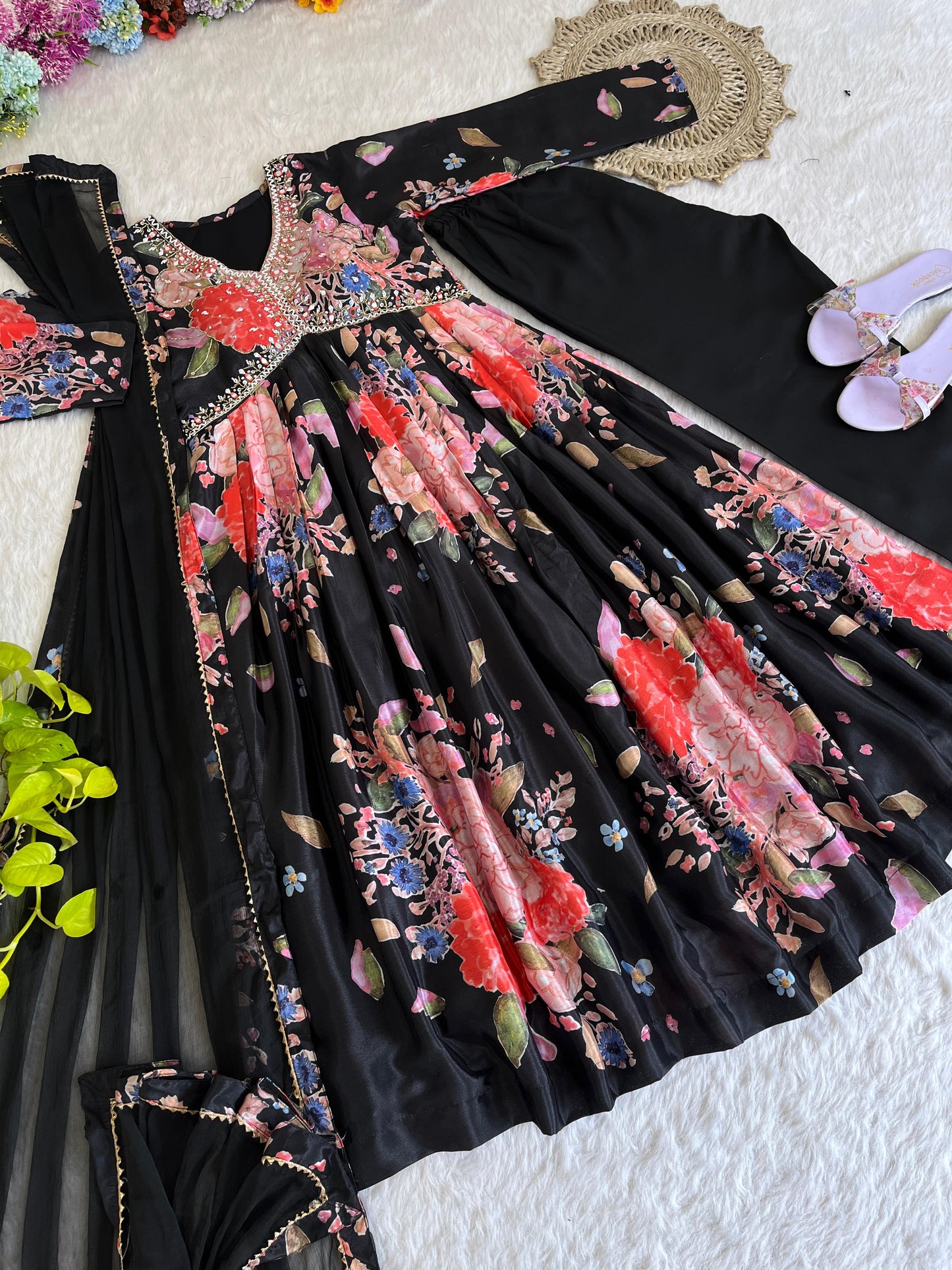 Stylish Black Soft Chinon Floral Printed Handworked Suit - Ethnicwish