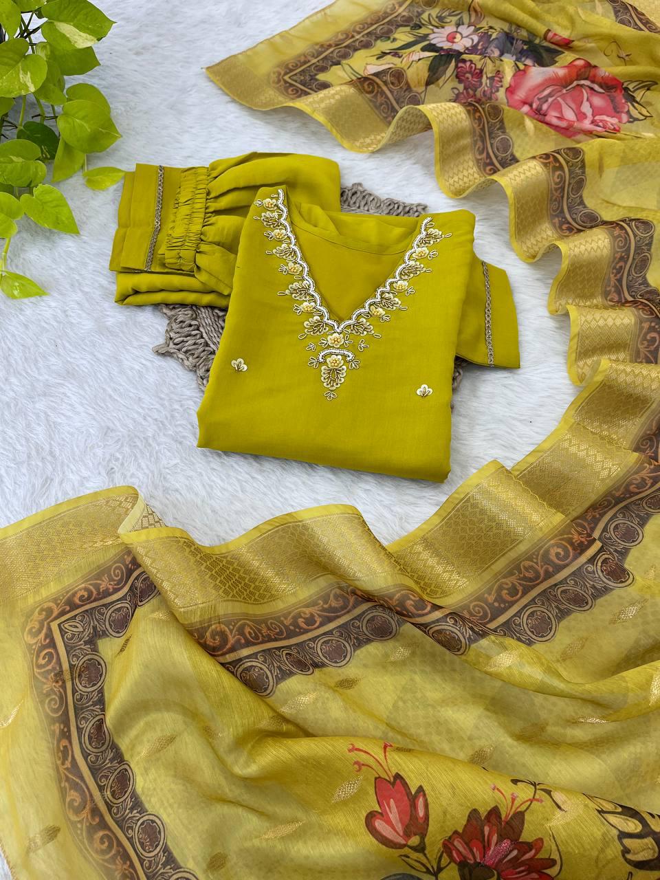 Magnificent Neon Chiffon Handcrafted Anarkali Pant Suit - Ethnicwish