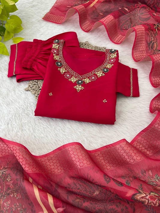 Dashing Red Roman Silk Handcrafted Anarkali Pant Suit - Ethnicwish
