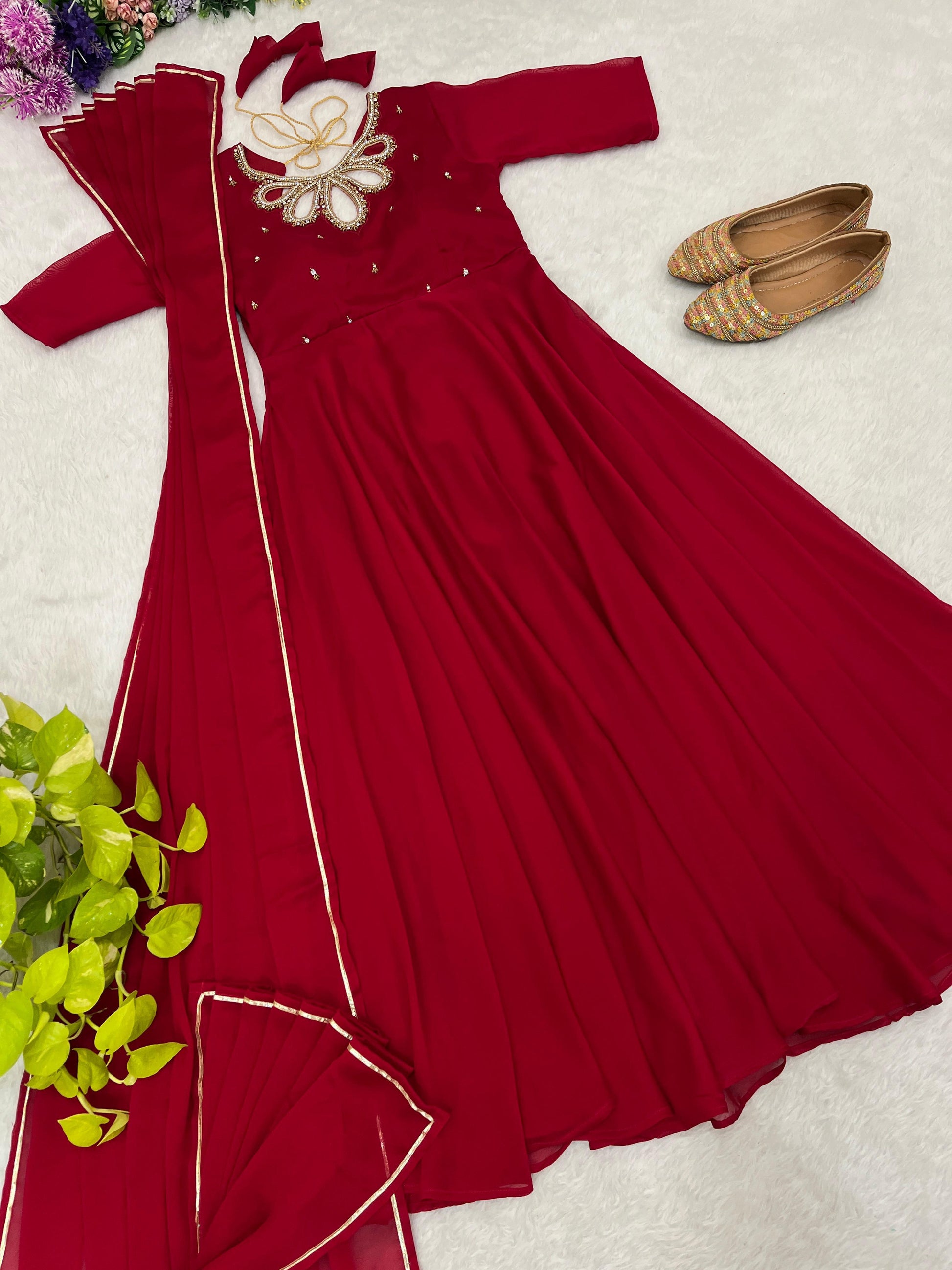Resplendent Rangoli Georgette Fancy Neck Handworked Gown - Ethnicwish
