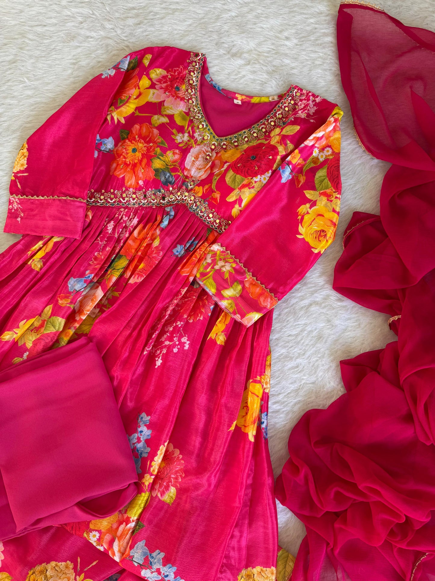 Graceful Pink Floral Printed Handworked Anarkali Pant Suit - Ethnicwish